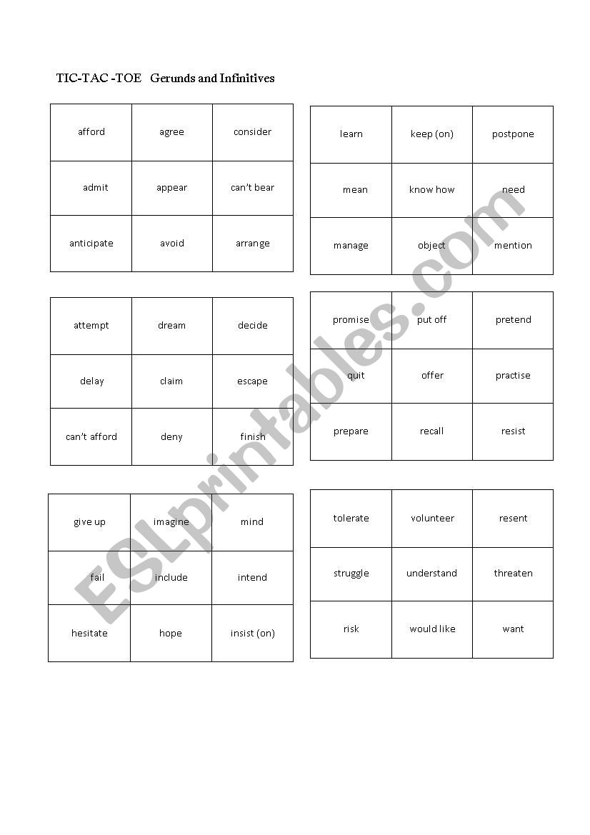 Gerunds and Infinitives (Tic-Tac-Toe)