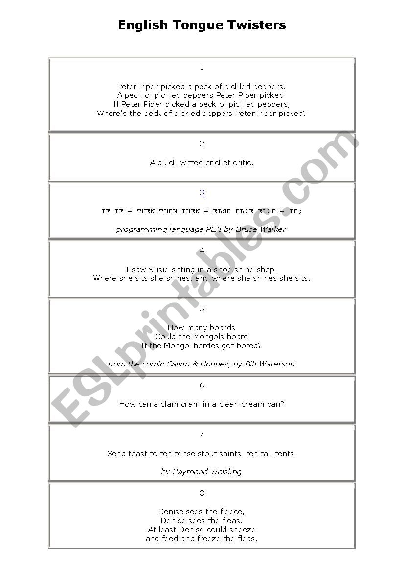 English Tongue Twisters worksheet