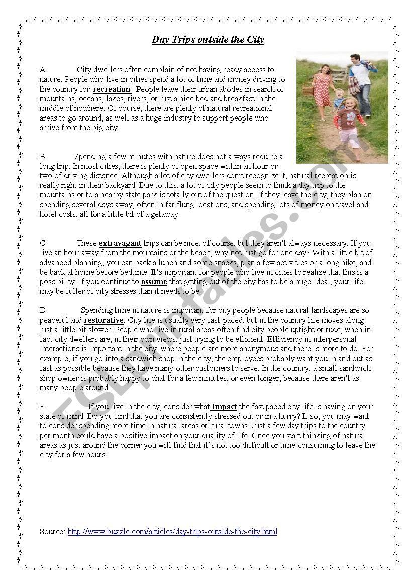 Day trips outside the city worksheet