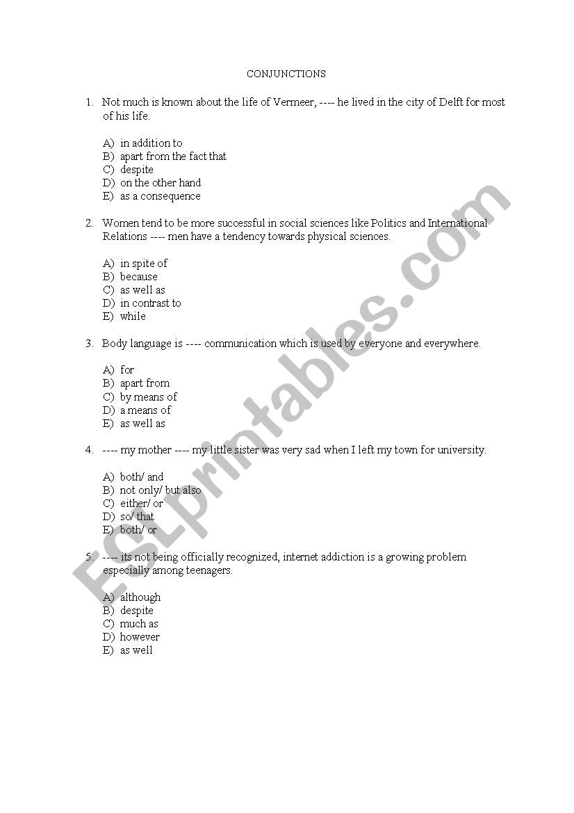 Conjunctions Multiple Choice Test