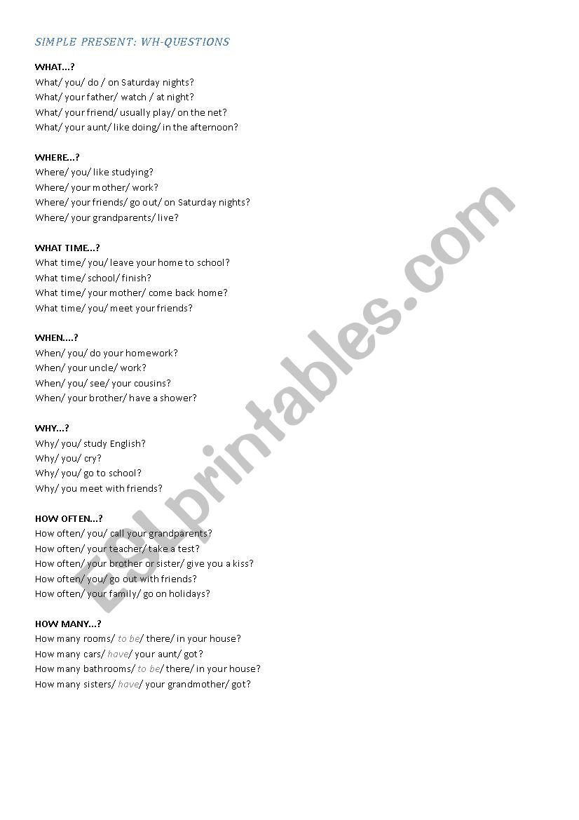 question words worksheet