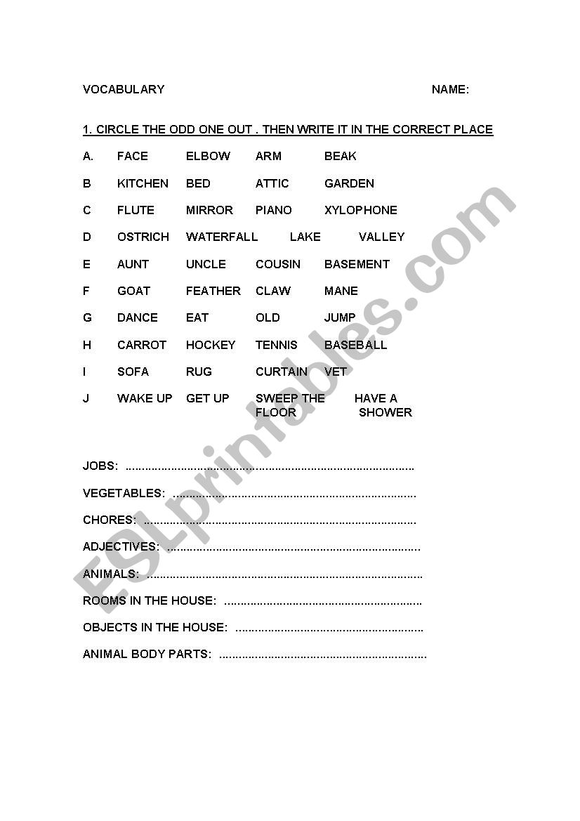VOCABULARY ON MANY THINGS worksheet