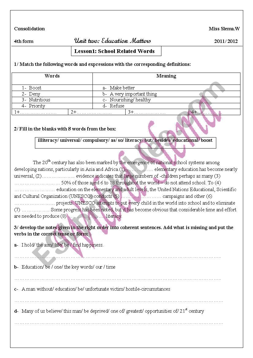 consolidation 4th form worksheet