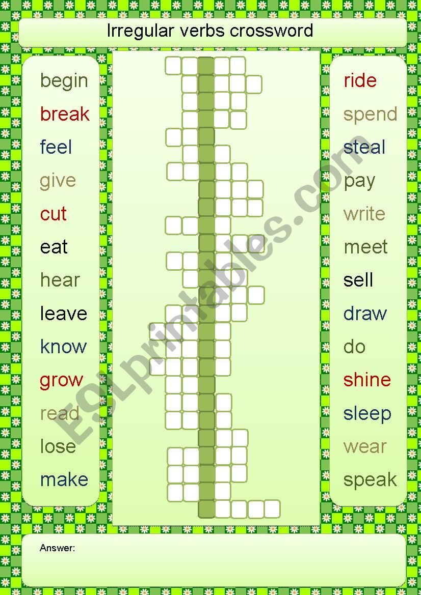 Irregular verbs crossword worksheet