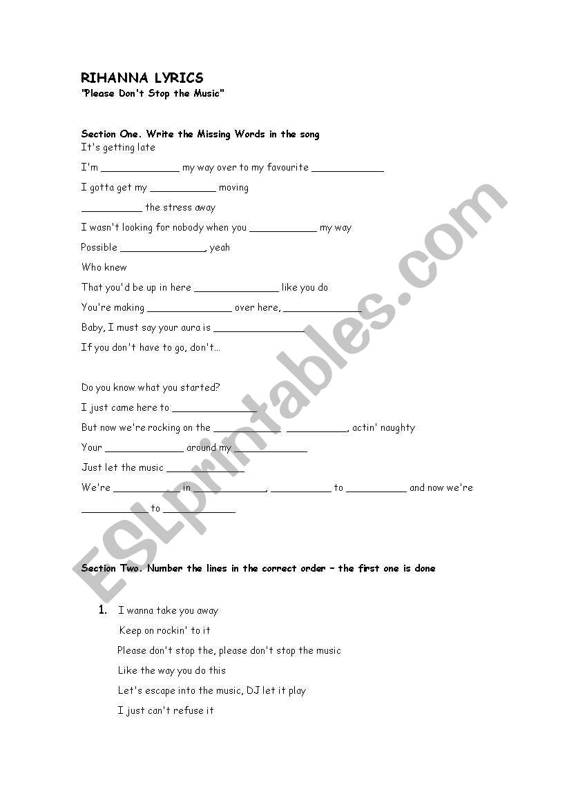 Rihanna Please Don T Stop The Music Esl Worksheet By Sjwoodho