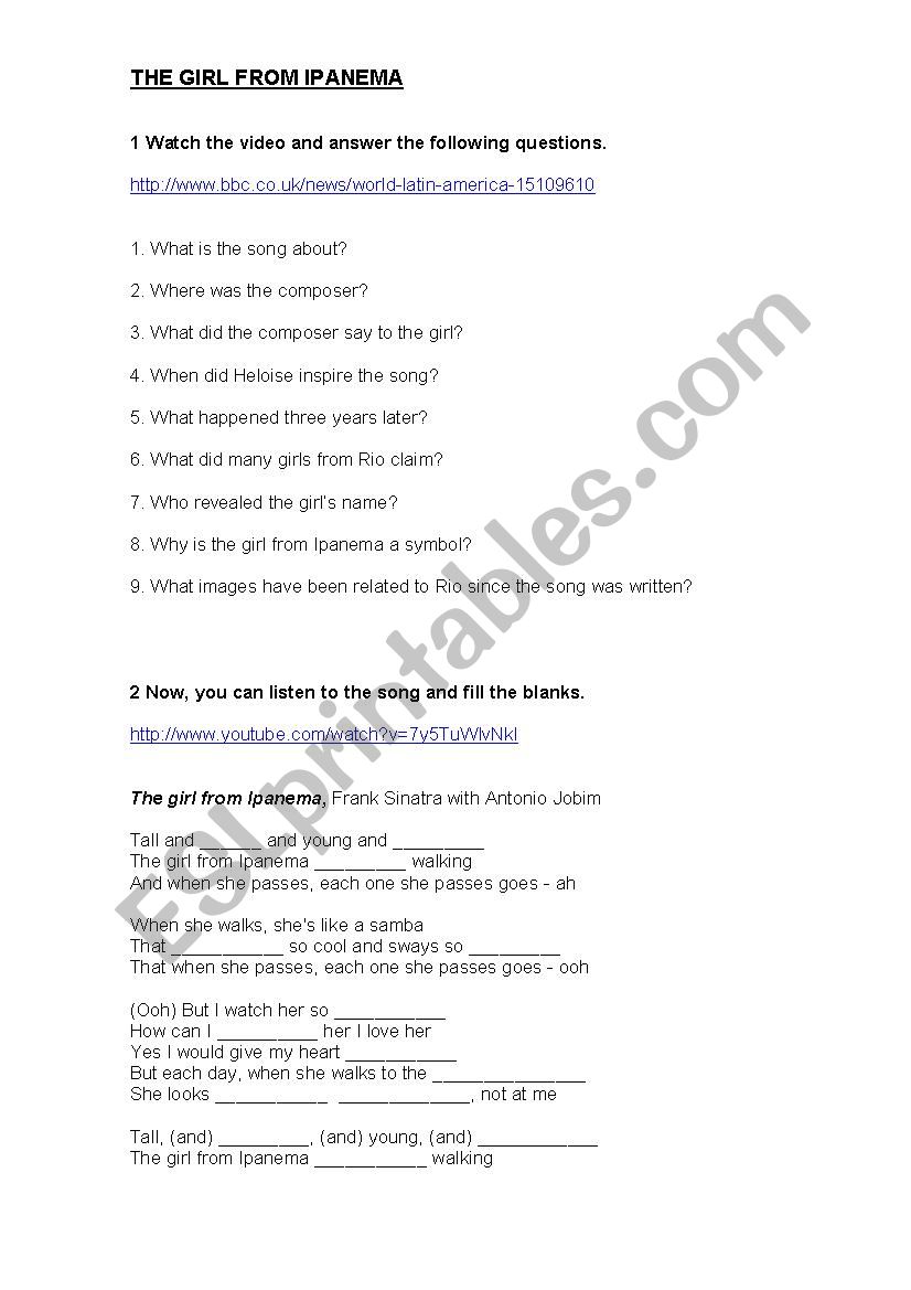 the girl from Ipanema worksheet