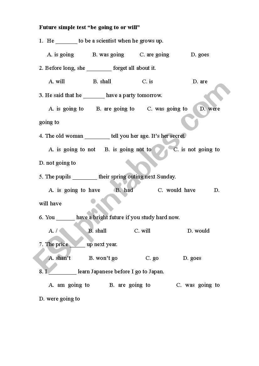 Future simple Test worksheet