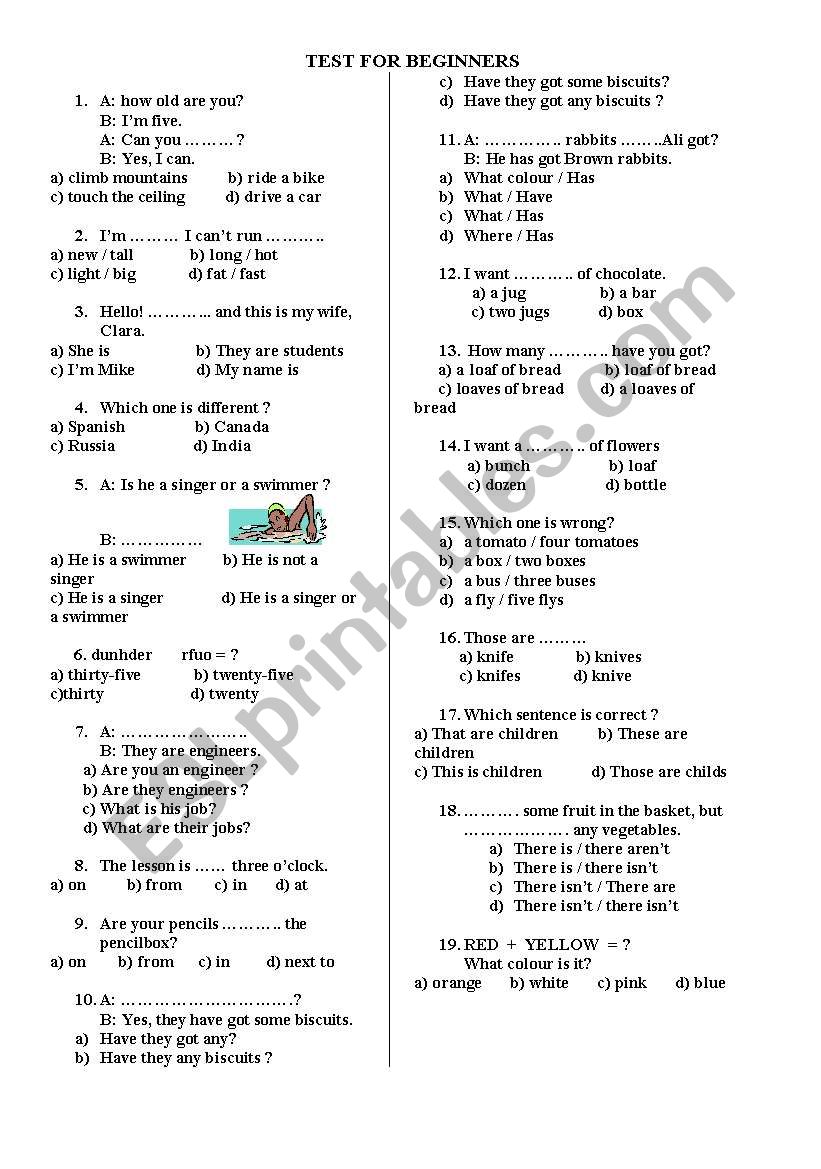 test for beginners worksheet