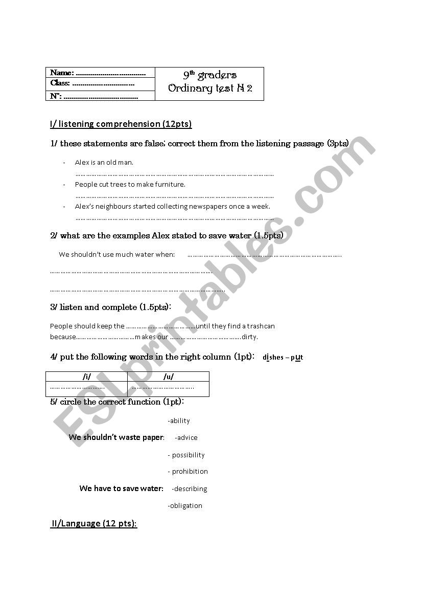 mid term test 2 /9th f worksheet