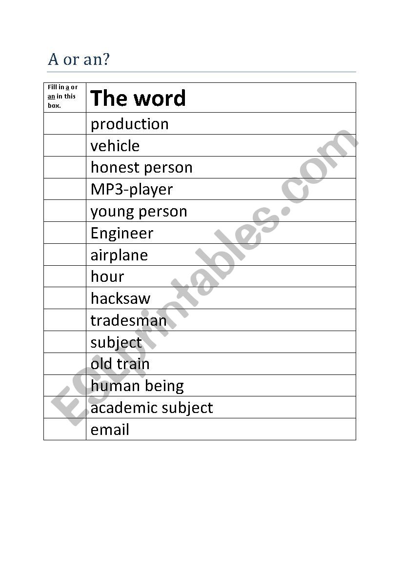 Indefinite Article - A or an? worksheet