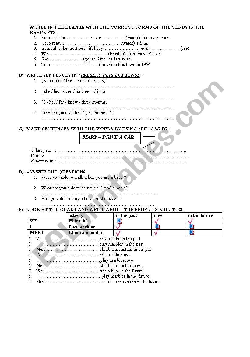 an exam with different structures
