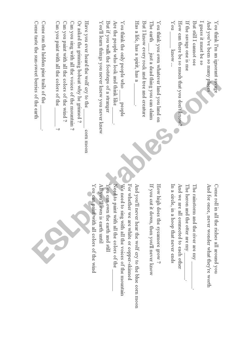 colours of the wind worksheet