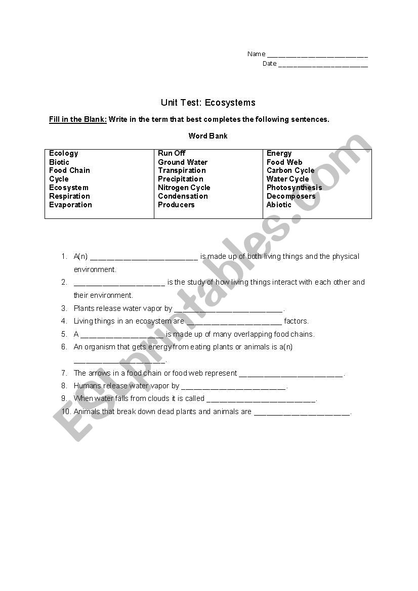 Ecosystems Test worksheet