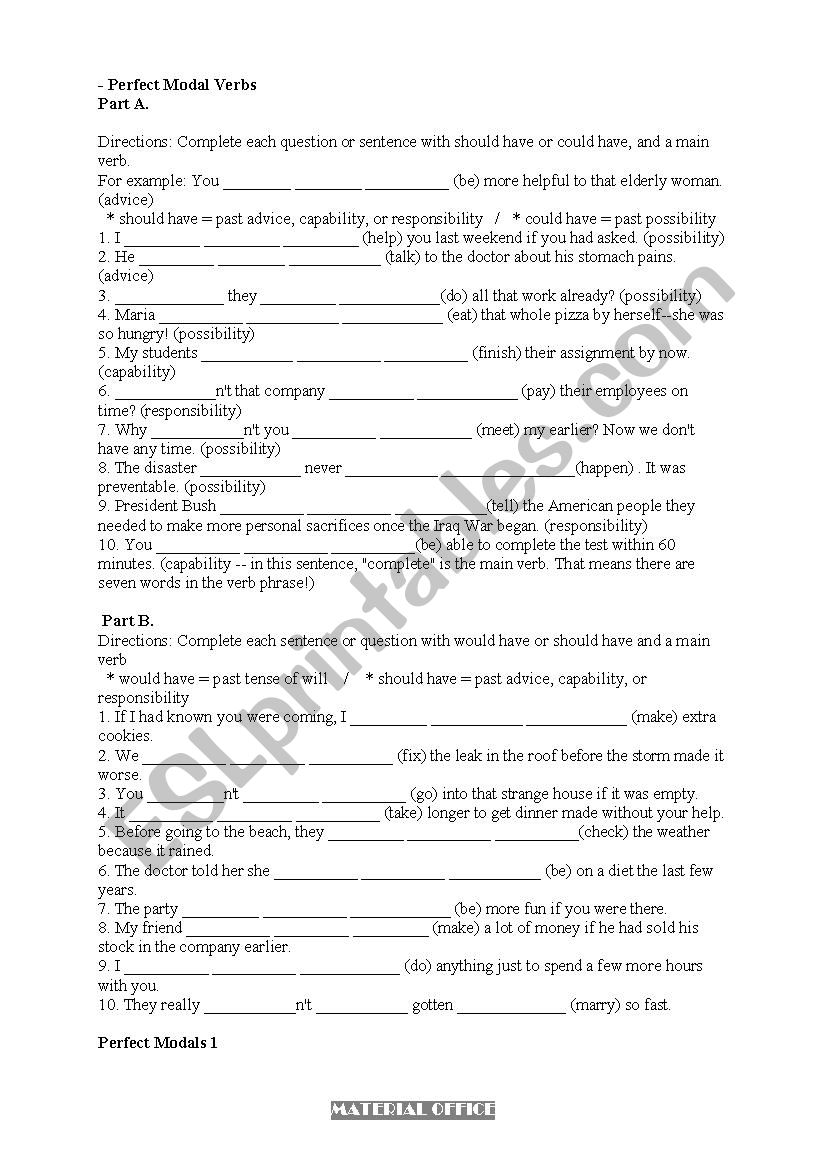 perfect modals worksheet