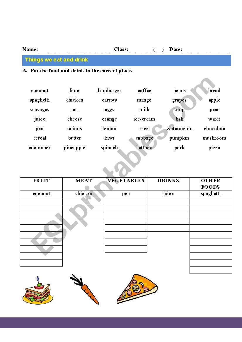 Things We Eat and Drink worksheet