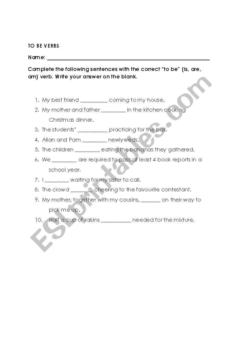 To Be Verbs Worksheet worksheet