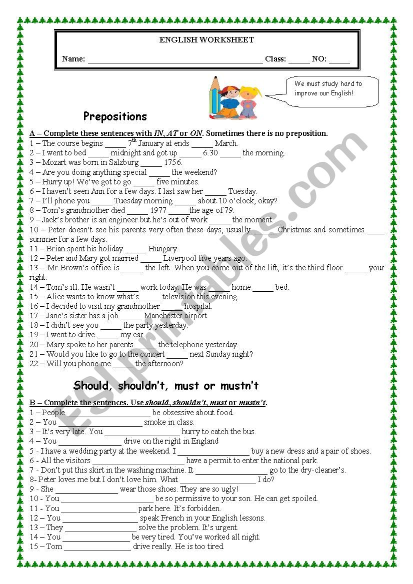 Prepositions(in/on/at) + Modals (should/must) (With Key)