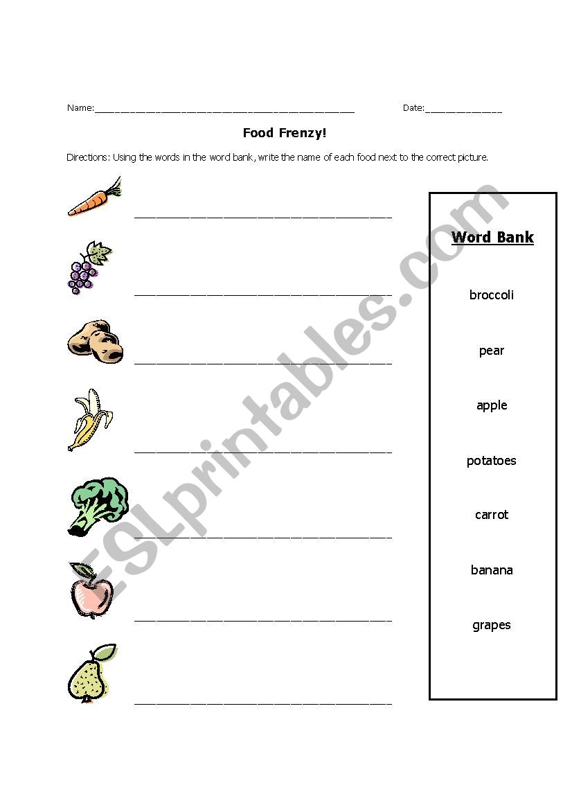 Food Frenzy - Matching Worksheet