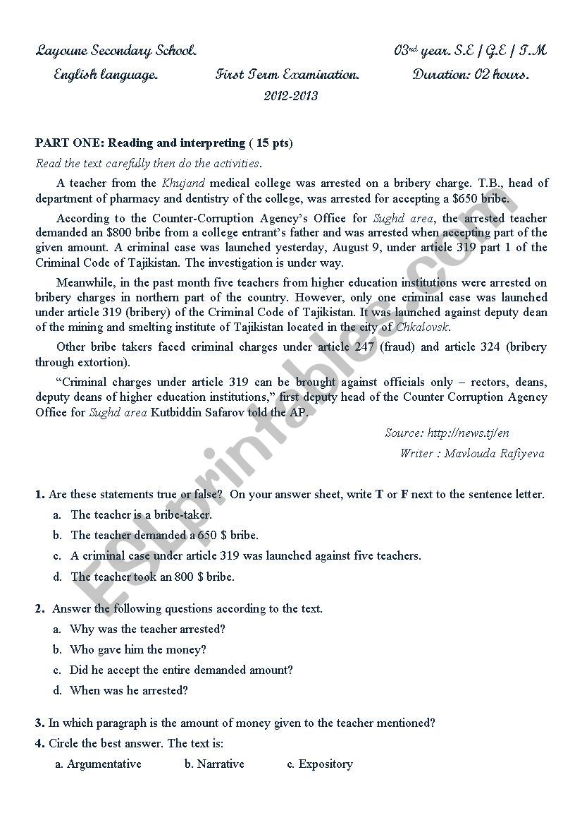 bribery ( exam) worksheet