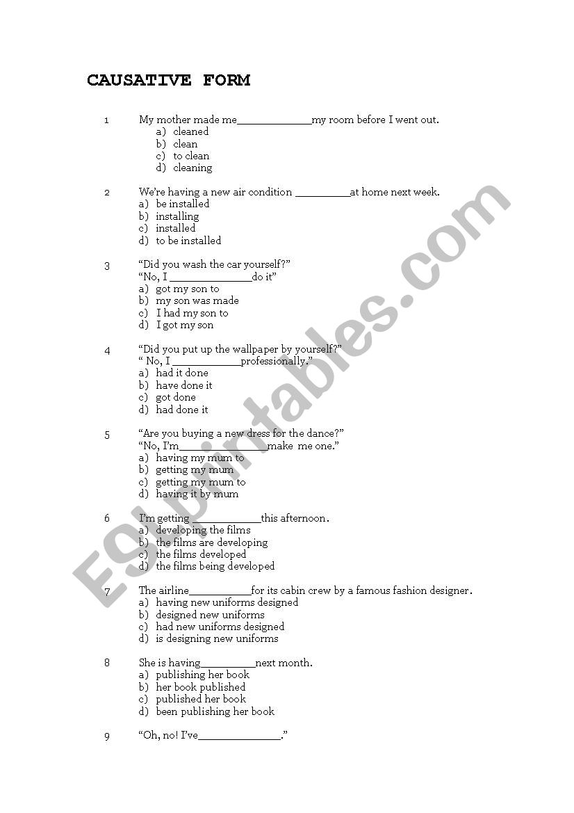 Multiple choice task on all types of causative form.