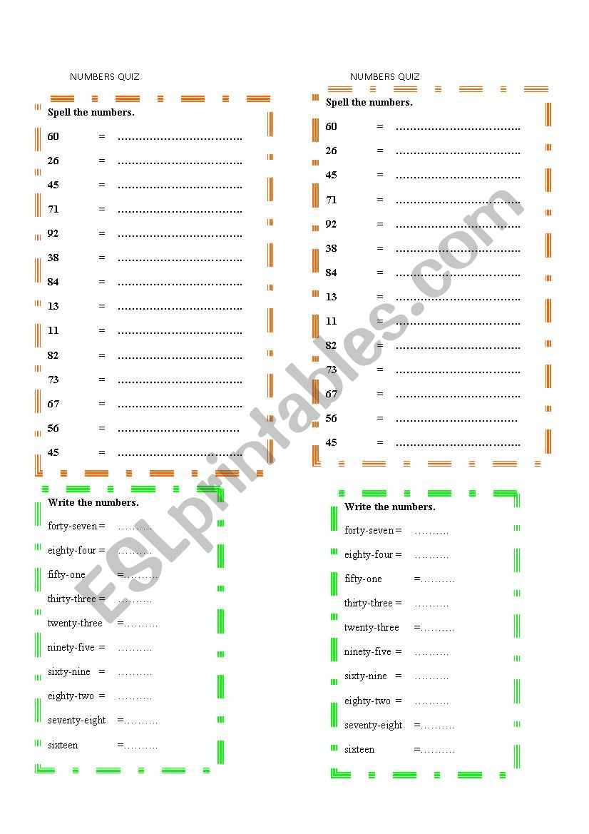 numbers quiz worksheet