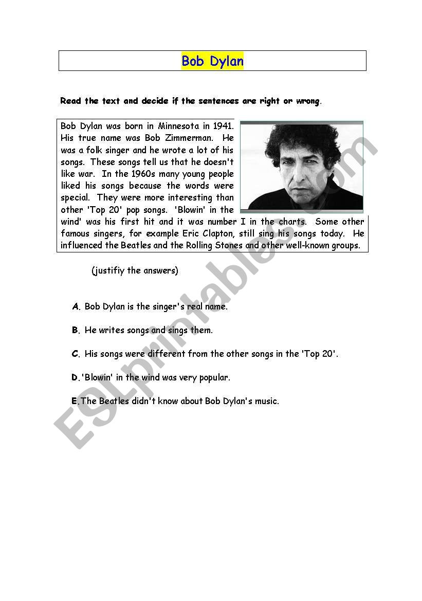 bob dylan worksheet