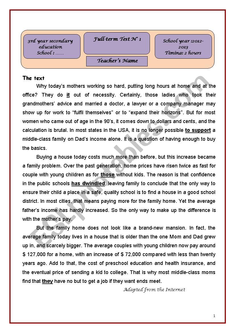 3rd year full term test worksheet