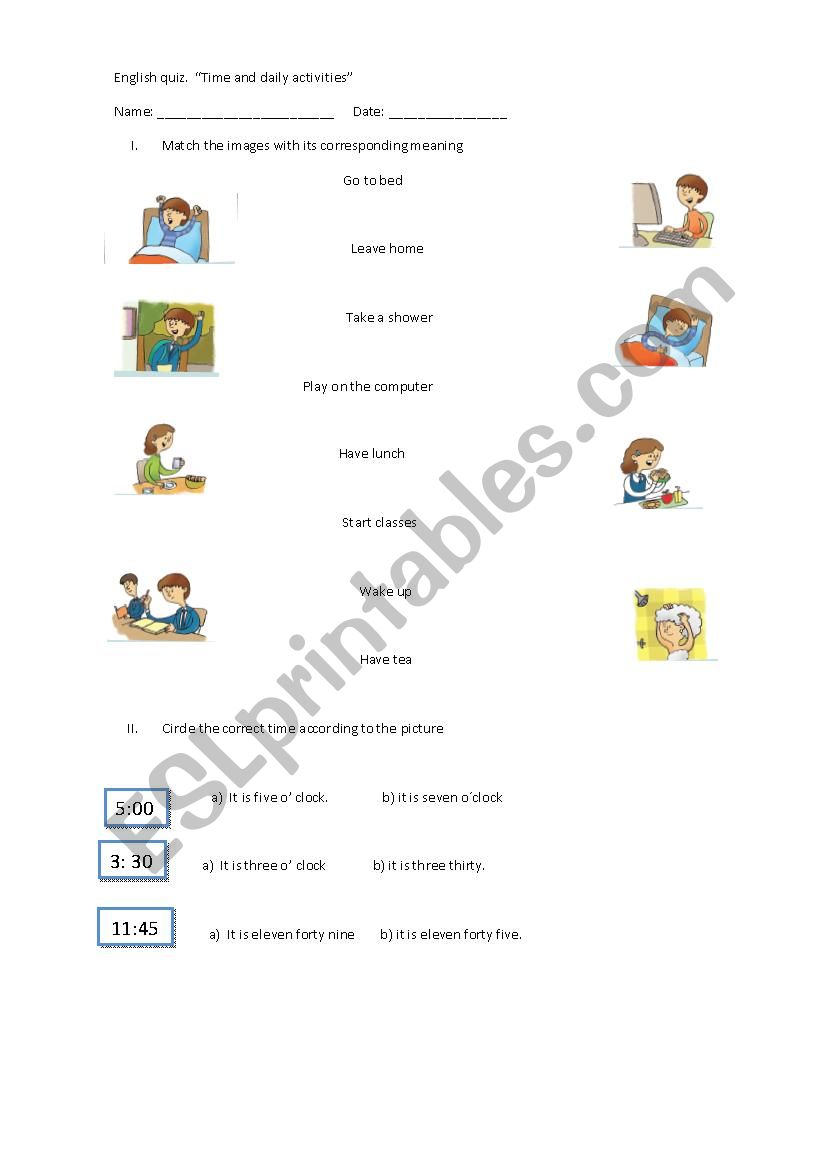 daily activities worksheet