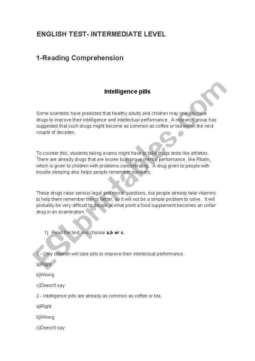 TEST INTERMEDIATE LEVEL worksheet
