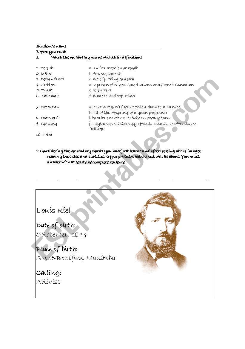 Louis Riel worksheet