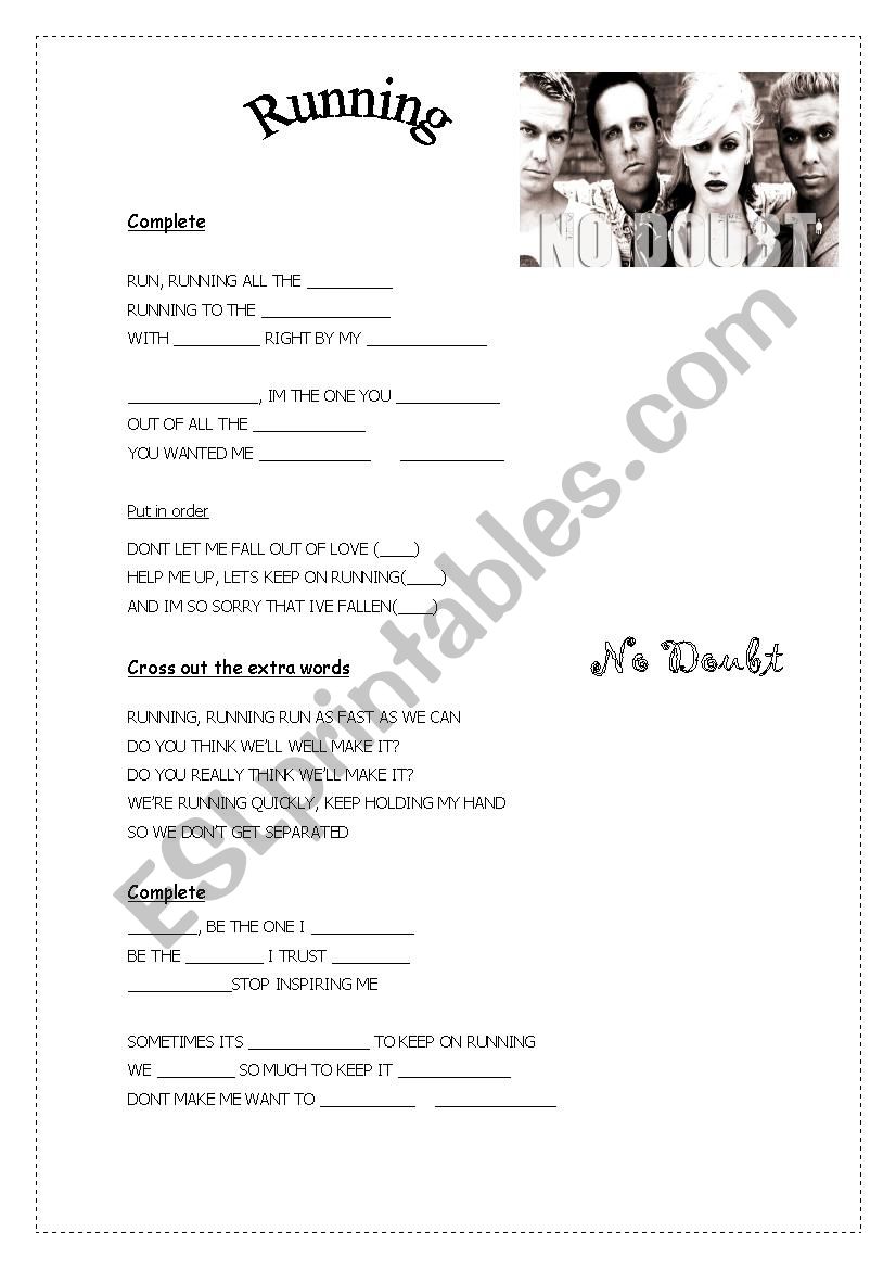 Running by No doubt worksheet