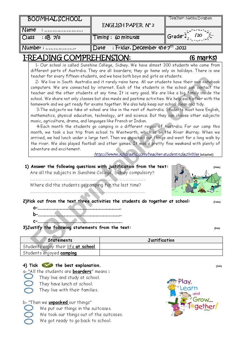 end of term test 1 8th grade tunisia