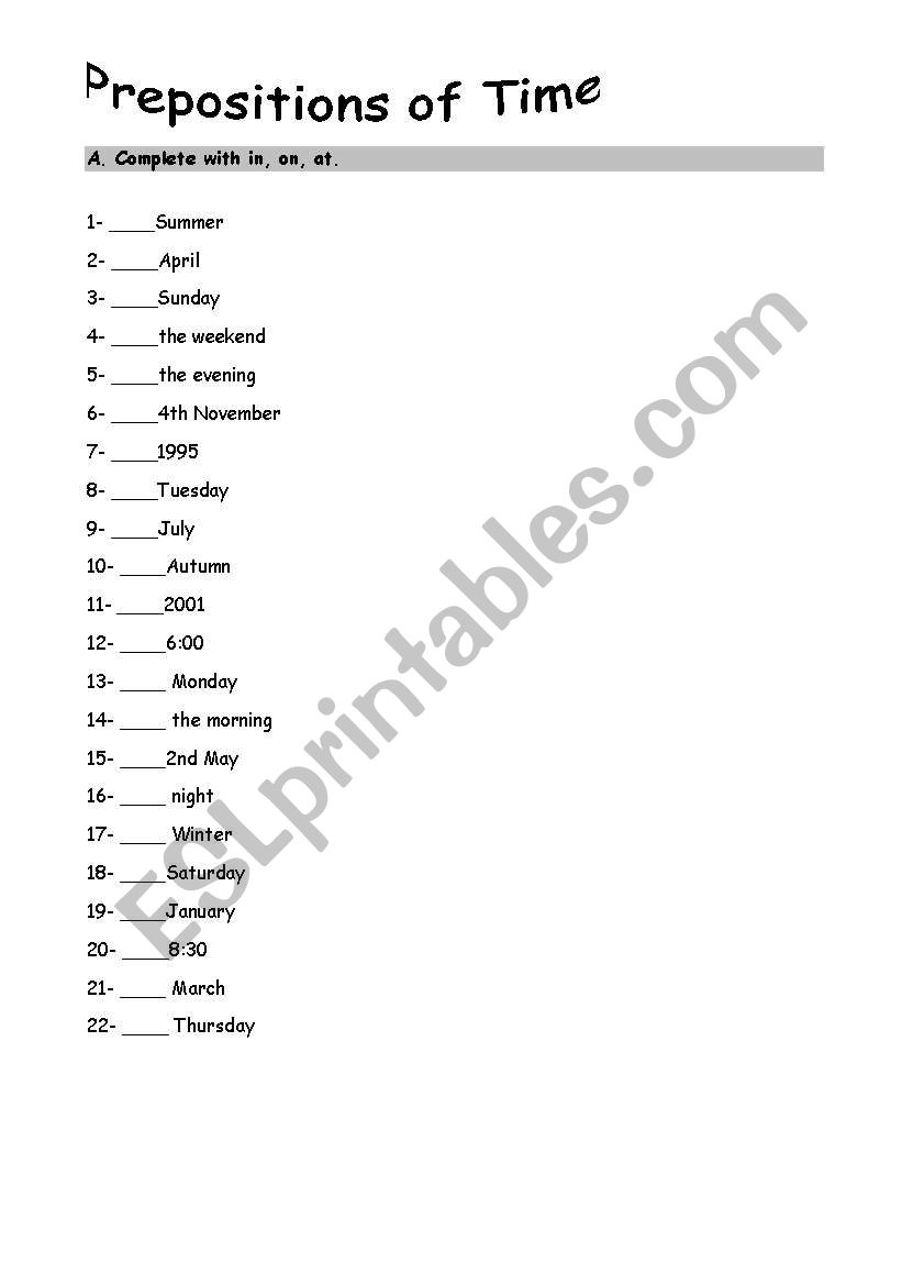 Prepositions of Time worksheet