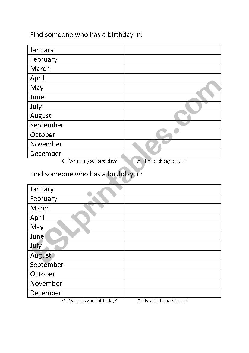 Birthdays worksheet