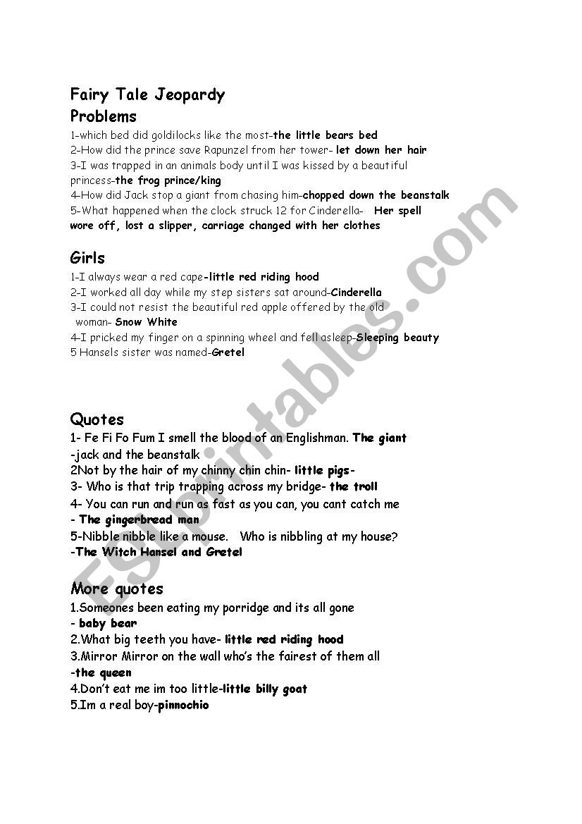 Fairy Tale Quiz Game worksheet