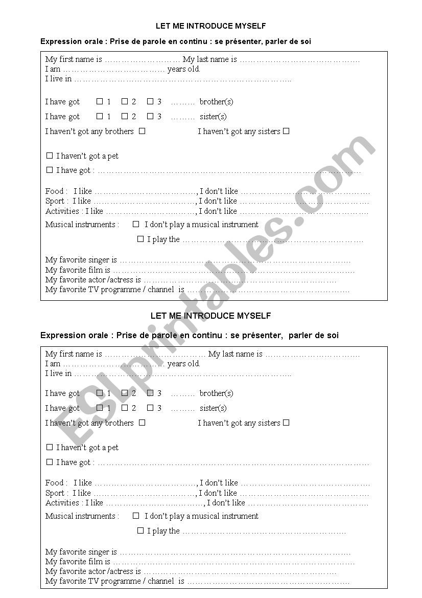 Let me Introduce Myself worksheet