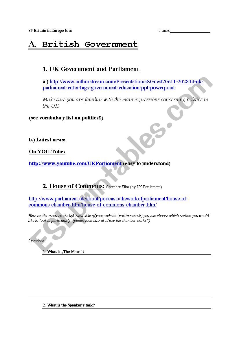 Britain and Europe politics worksheet