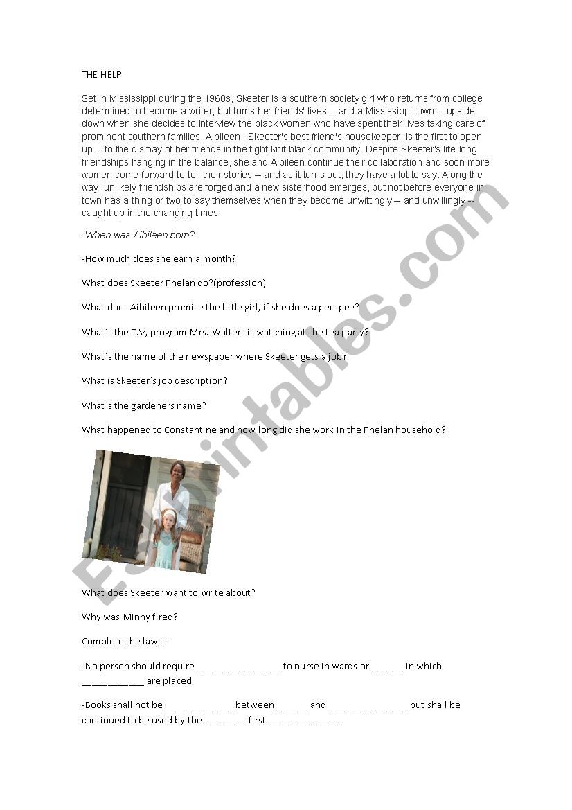 The help film worksheet worksheet