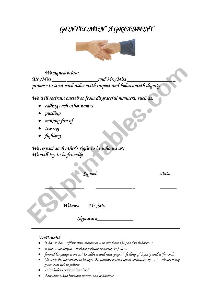 Gentlemen agreement worksheet