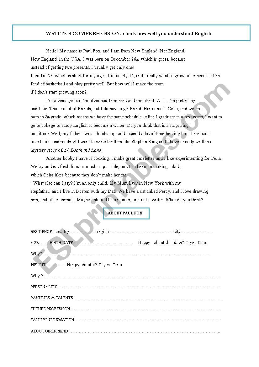 written comprehension worksheet