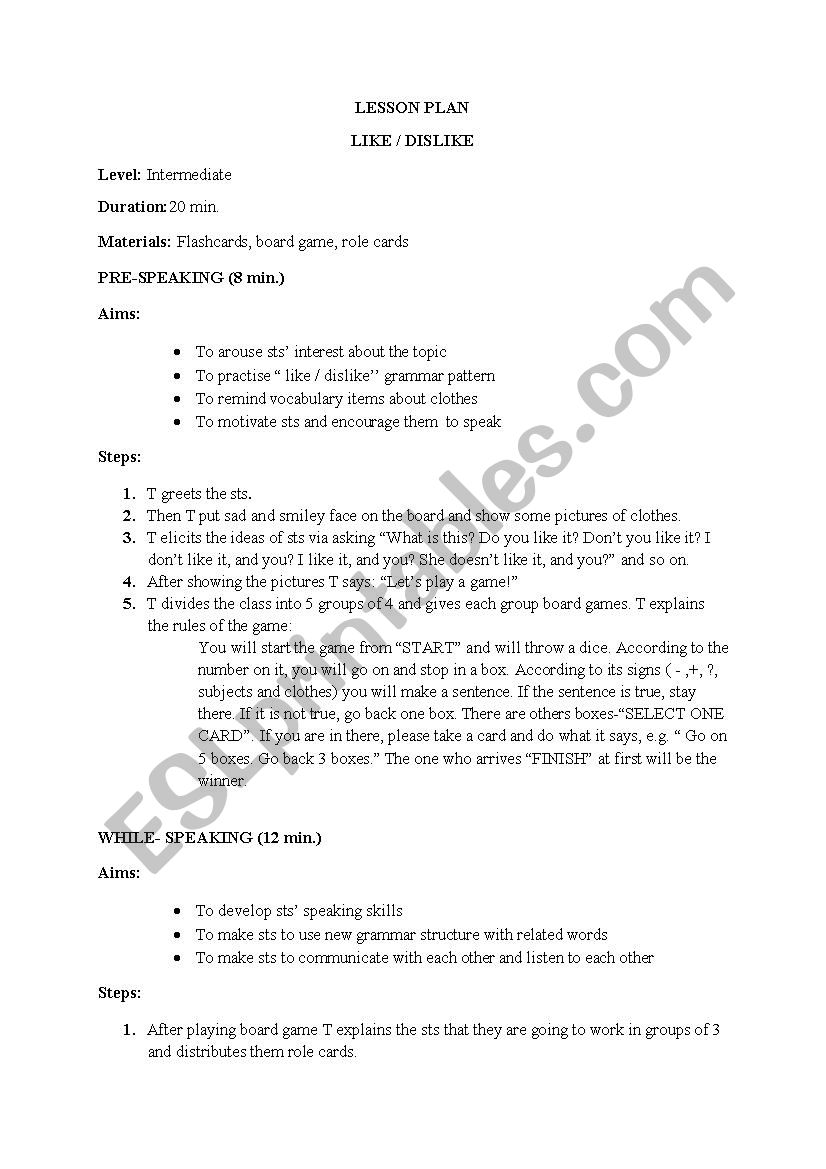 Like / Dislike Lesson Plan worksheet