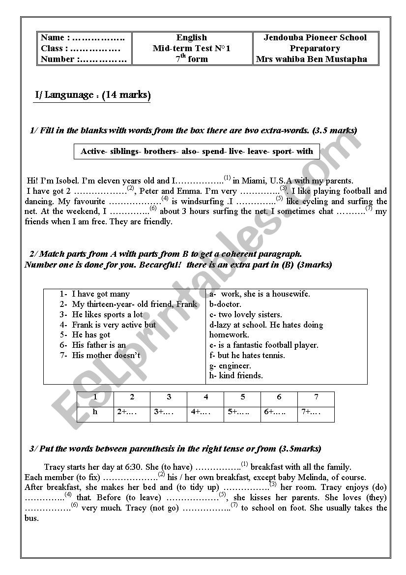 English mid- term test N=1 worksheet
