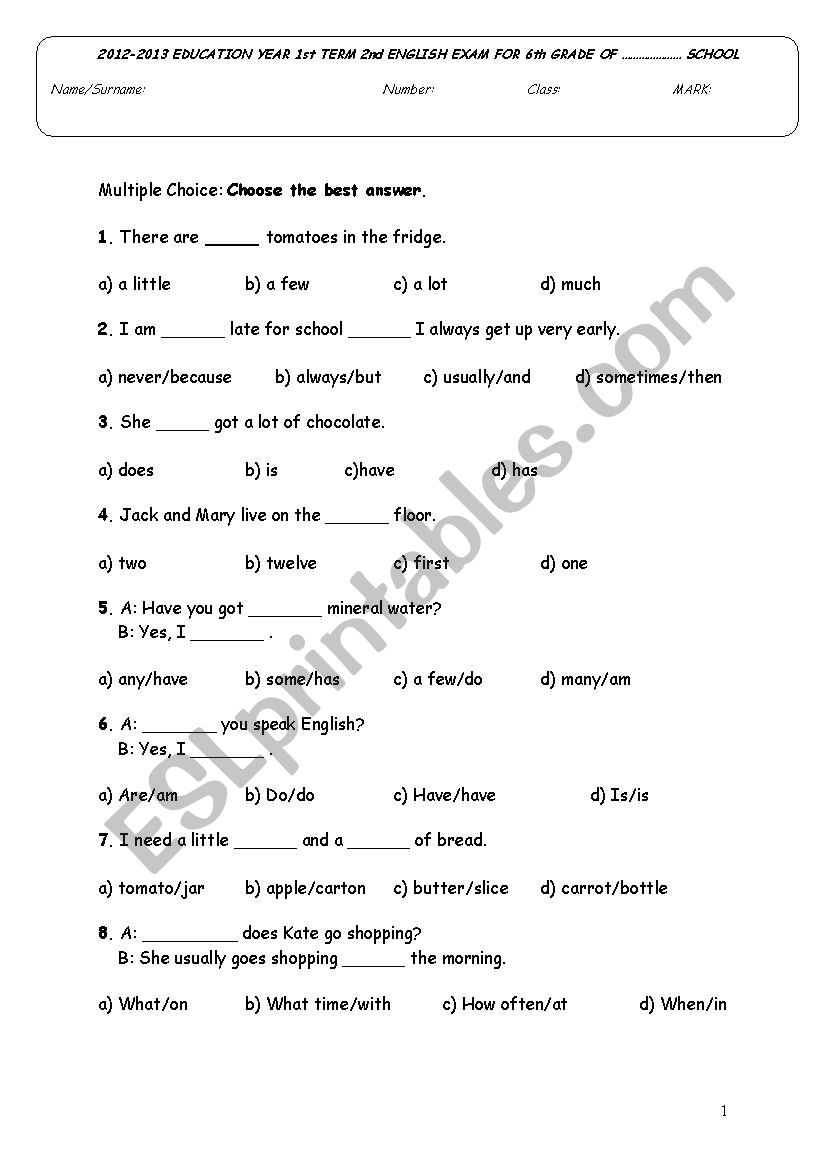 exam for 6th grade worksheet