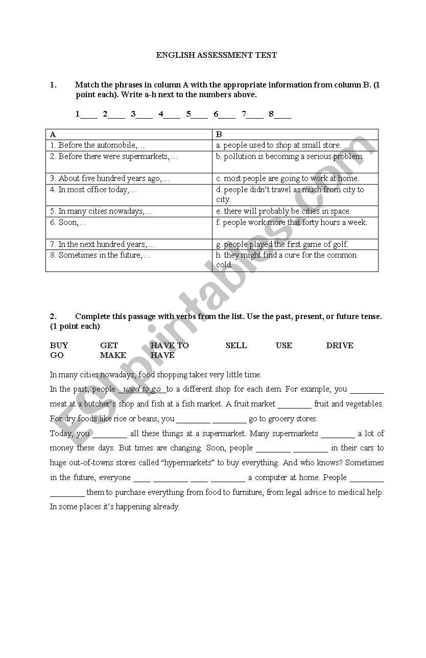 Assessment test worksheet