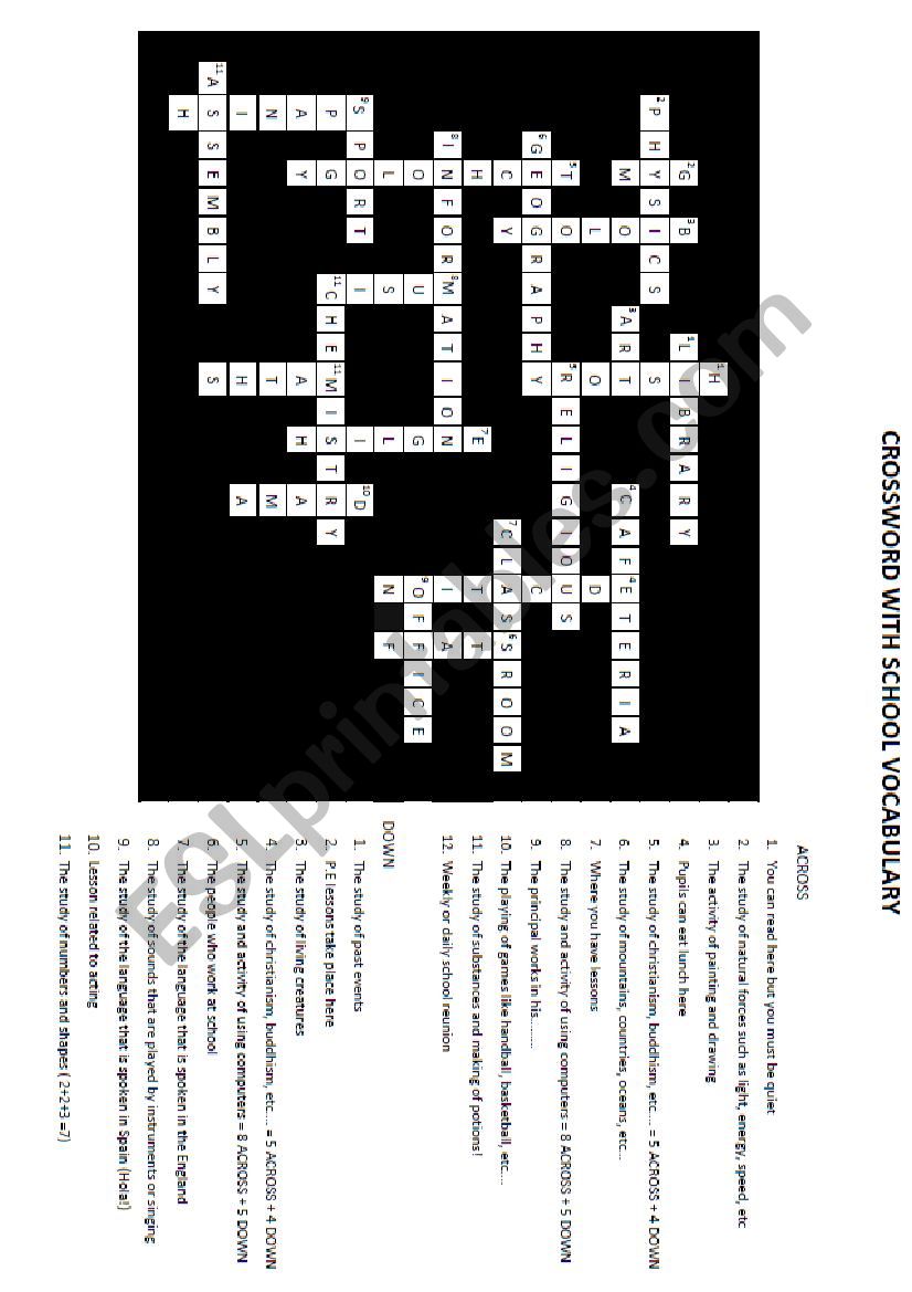 School Vocabulary Crossword worksheet