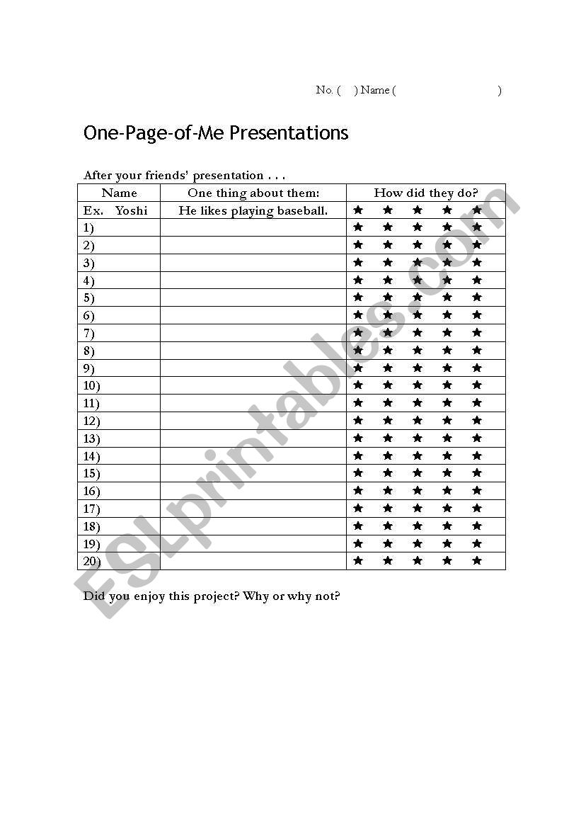 One Page of Me Project worksheet