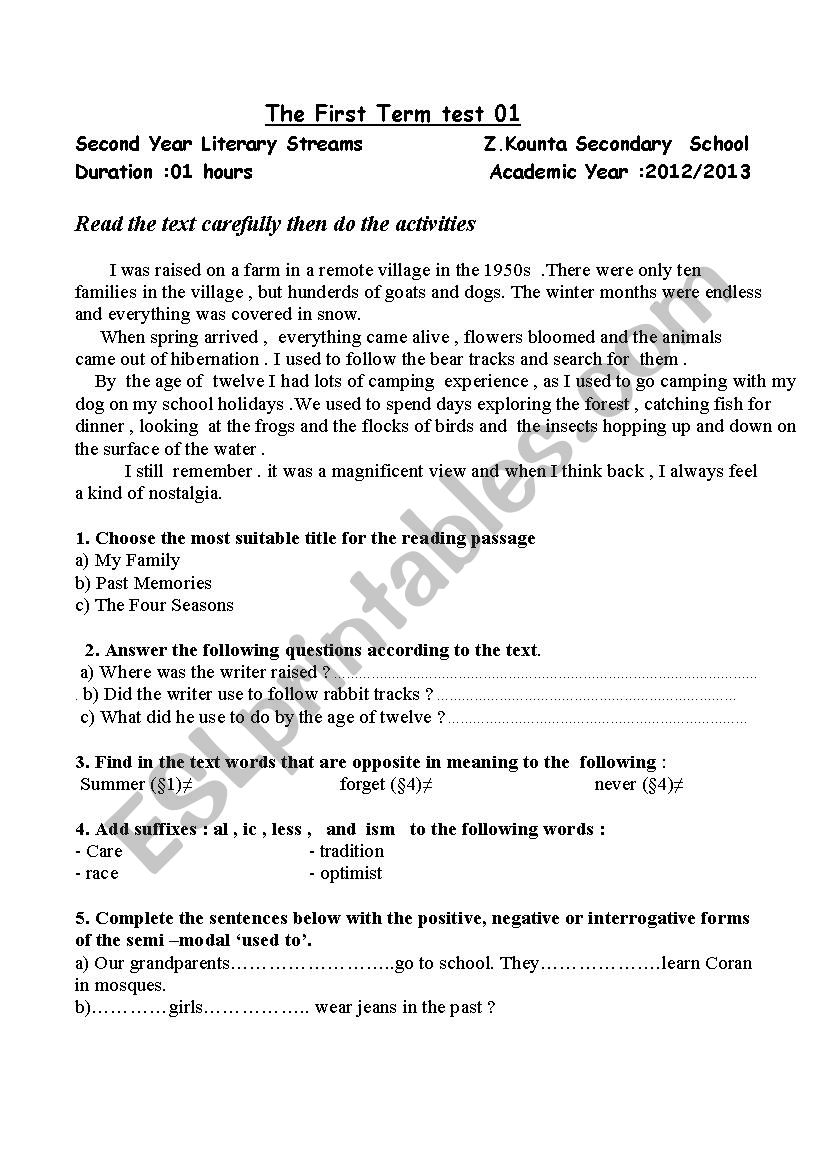 2nd year test worksheet