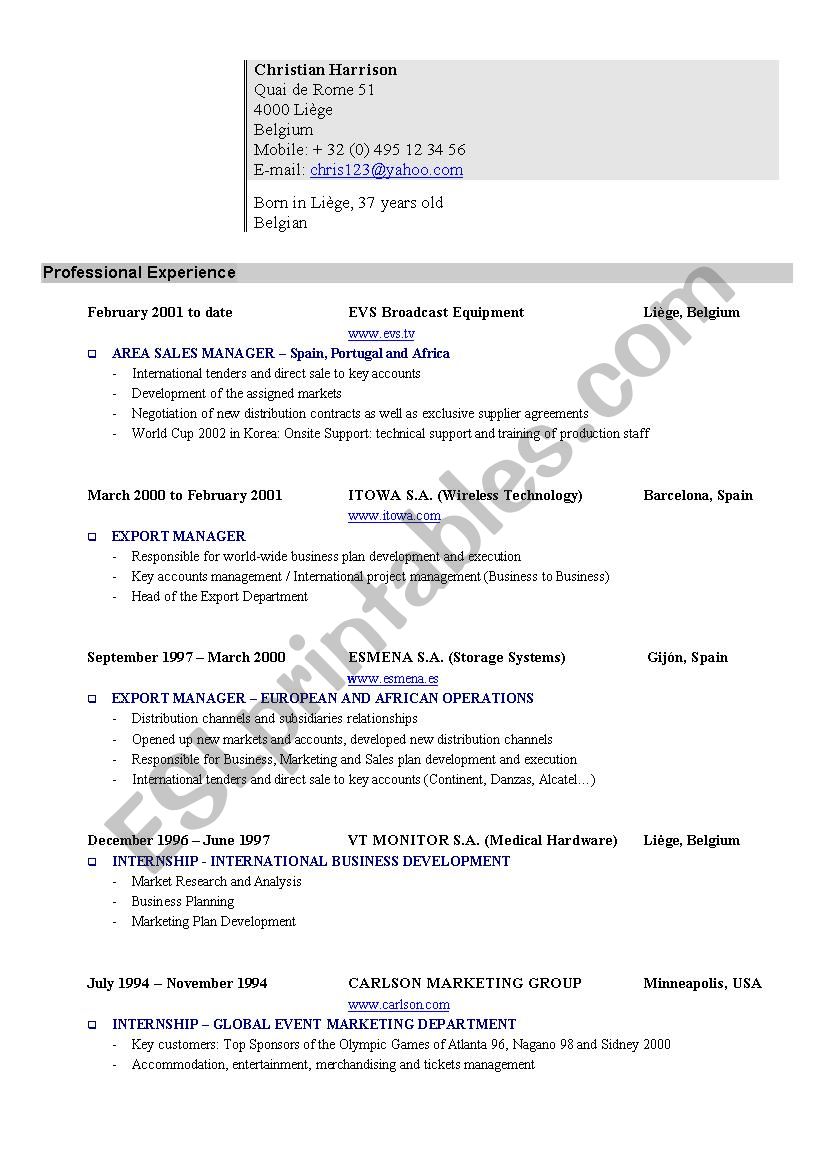 Examples of  CV worksheet