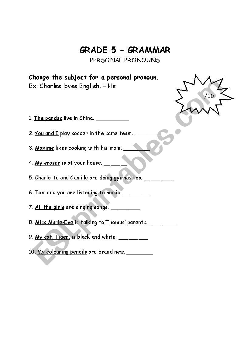 Personal Pronouns worksheet