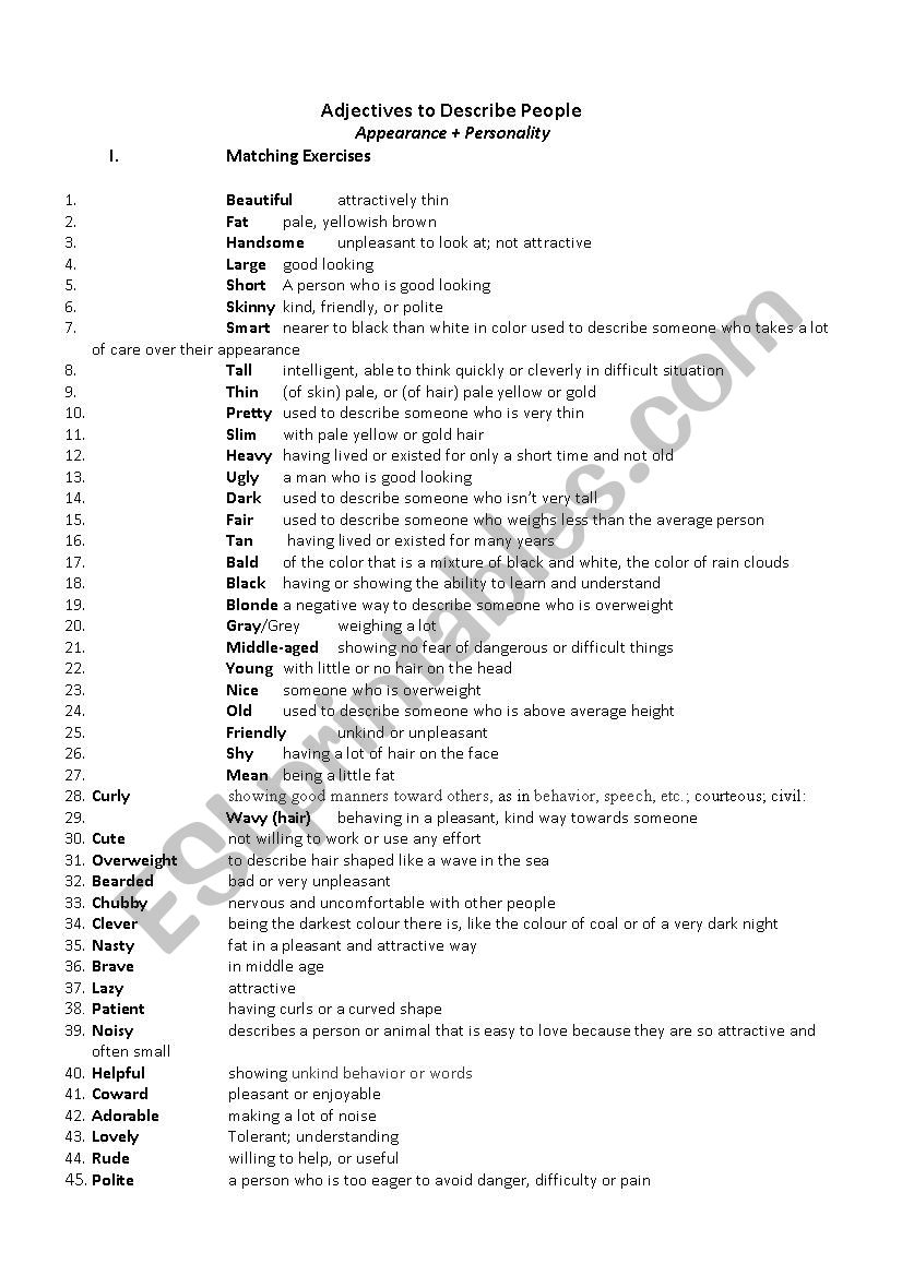 adjective describing people worksheet